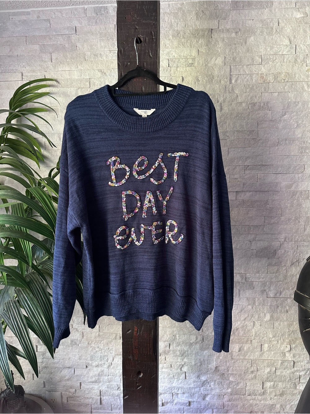 Terra & Sky Navy Ribbed Knit Sequin “Best Day Ever” Sweater Size 2X